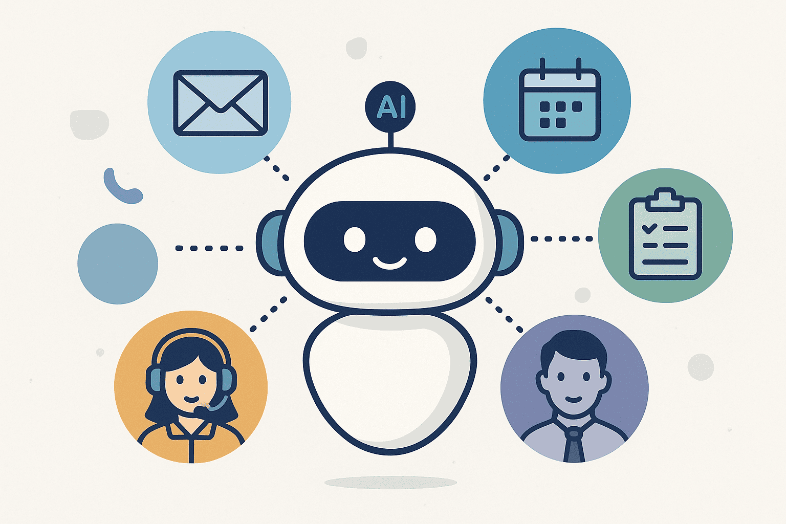 Illustration of AI-powered automation for customer service, employee support, surveys, and scheduling across multiple channels.